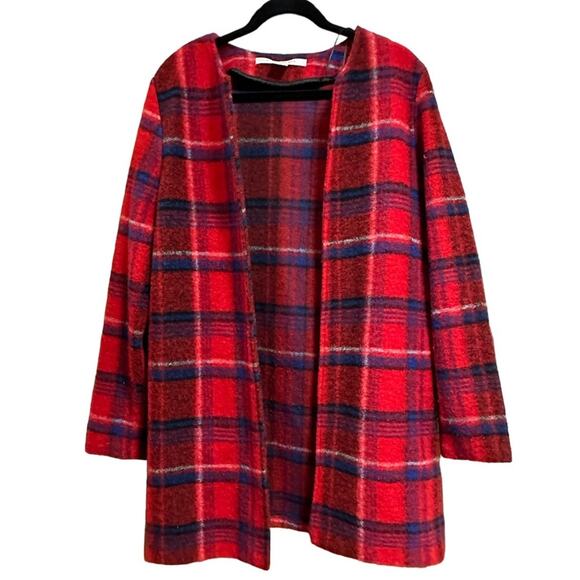 Max Studio Open Front Red Plaid Wool Blend Cost Cardigan Size Large - Picture 1 of 6